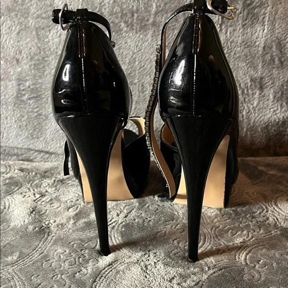 Black Patent Peep-Toe Platform 6 inch Heels with Rhinestone Ankle Strap - Picture 5 of 16